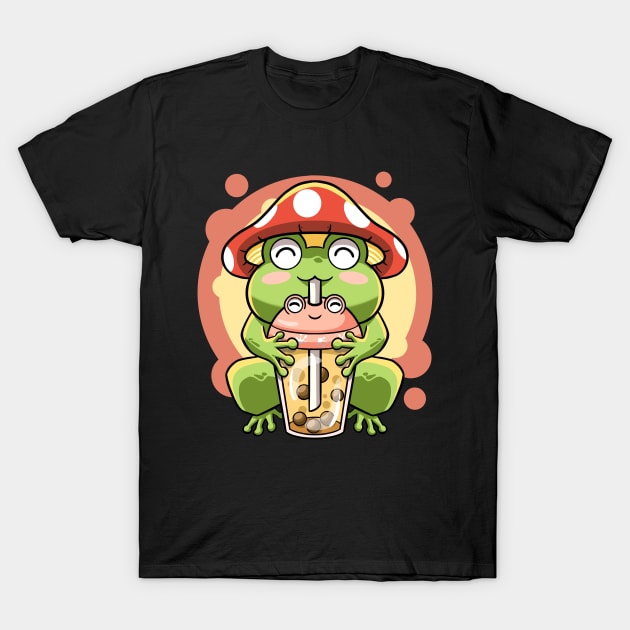 Kawaii Boba Tea Bubbles Frog Mushroom Hat Cute Cottagecore T-Shirt by MerchBeastStudio